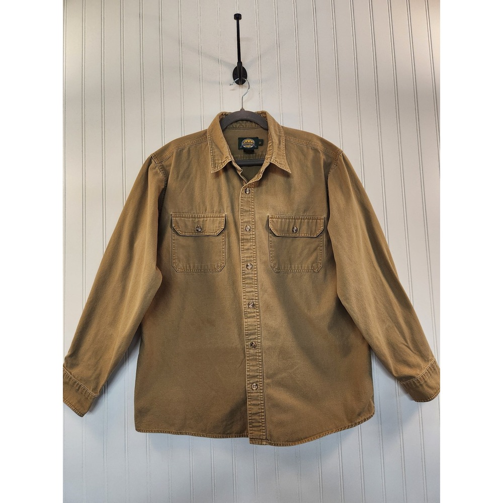 Cabelas Mens Long Sleeve Cotton Canvas Button Down Utility Shirt Tan Khaki Large